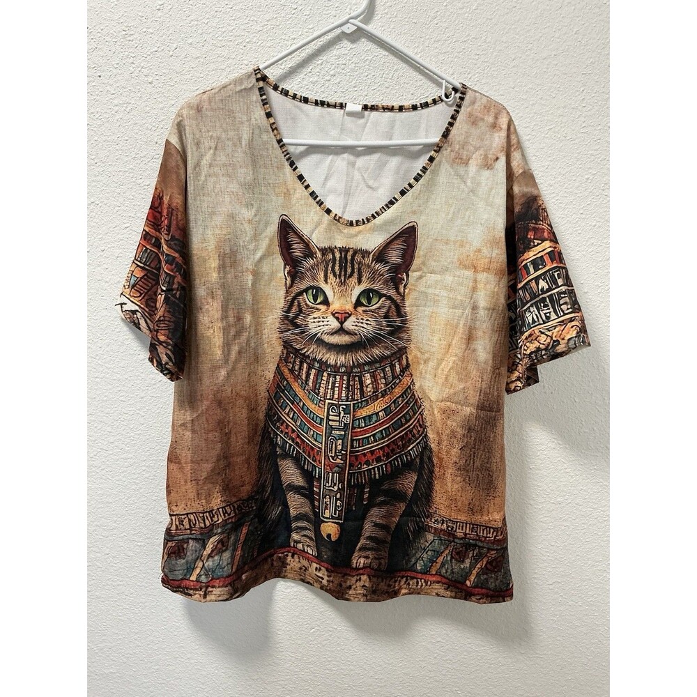 Vintage Style Egyptian Cat Graphic top V Neck Short Sleeve Tabby Kitty T XL